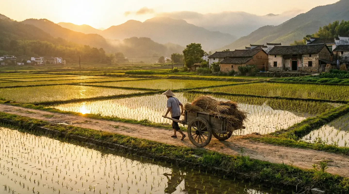 成都影院手机在线高清免费 - 金色夕阳下的乡村田野，老农推着木车行走在田埂上
